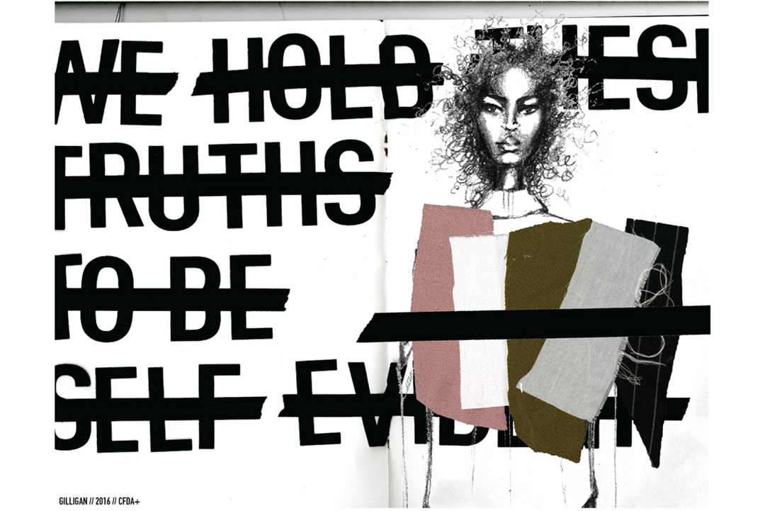 Elizabeth Gilligan's fashion collection sketch with type, colors, and sketch